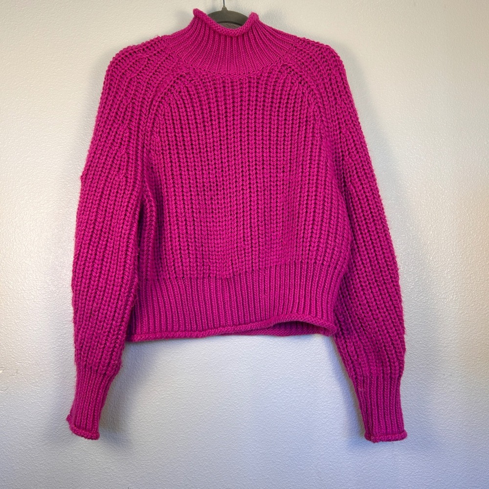 H&M Magenta Pink Chunky Knit Mock Neck Sweater Ribbed Raglan Sleeve Medium